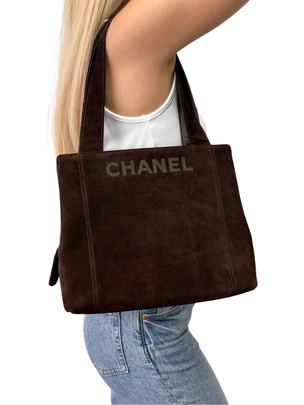 CHANEL Vintage Stitch CC Logo Suede Tote Shoulder Bag Brown